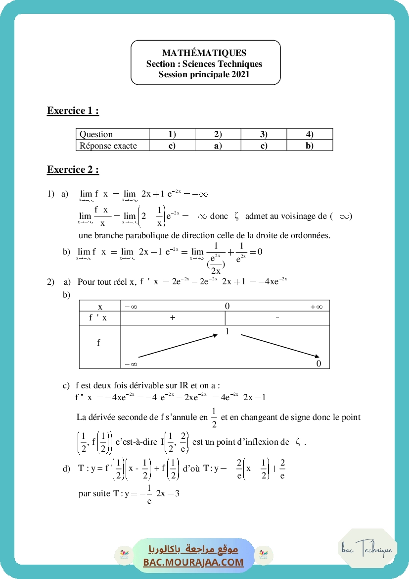 Corrigé principale math Bac 2021 – Section technique